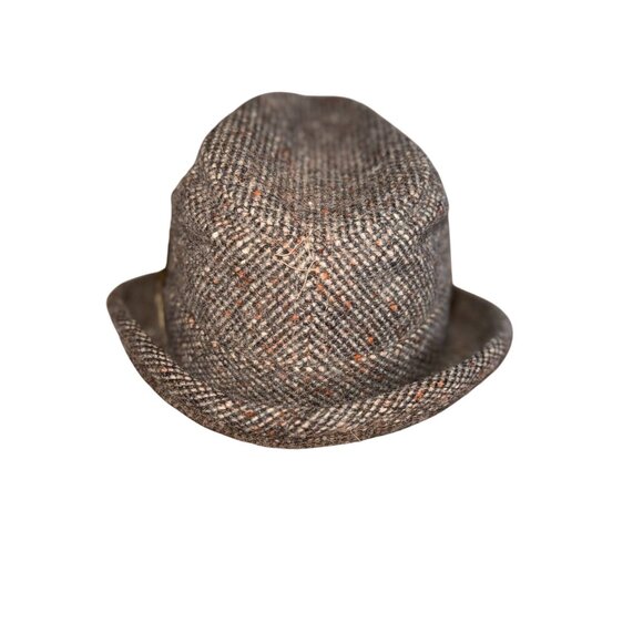 VINTAGE TWEED FEDORA BROWN WOOL SIZE 7 MEDIUM MENS FEATHER & MEDALLION ACCENT - Picture 6 of 6
